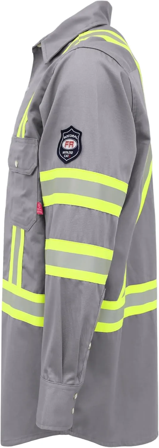 BOCOMAL FR Shirts High Visibility/Hi Vis Flame Resistant/Fire Retardant Shirt 7.5oz Men's Reflective Shirts