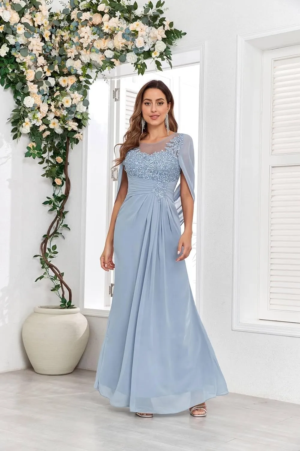BONOYUER Cape Sleeve Mother of The Bride Dress for Wedding Mermaid Long Chiffon Lace Mother of The Groom Dresses