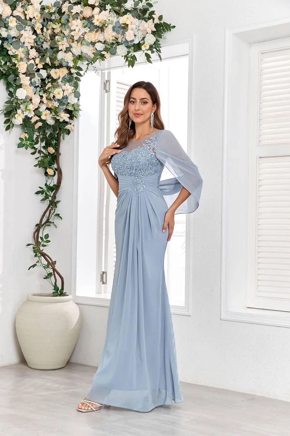 BONOYUER Cape Sleeve Mother of The Bride Dress for Wedding Mermaid Long Chiffon Lace Mother of The Groom Dresses