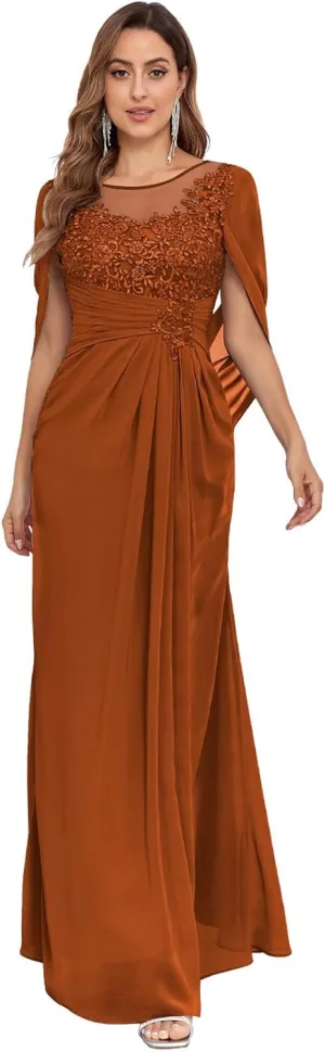 BONOYUER Cape Sleeve Mother of The Bride Dress for Wedding Mermaid Long Chiffon Lace Mother of The Groom Dresses