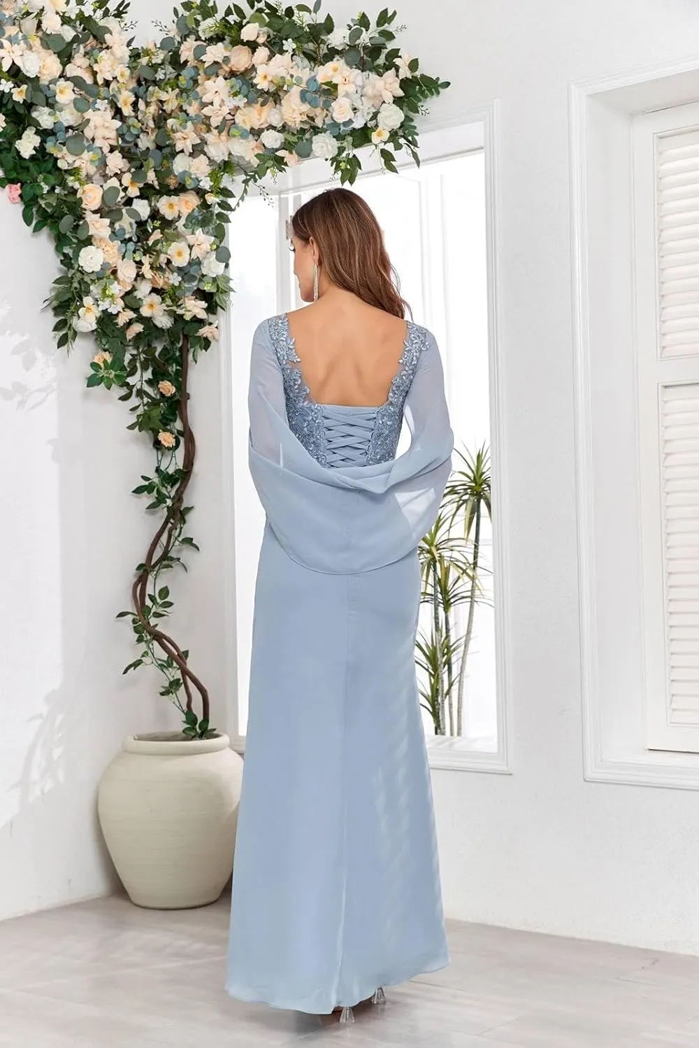 BONOYUER Cape Sleeve Mother of The Bride Dress for Wedding Mermaid Long Chiffon Lace Mother of The Groom Dresses