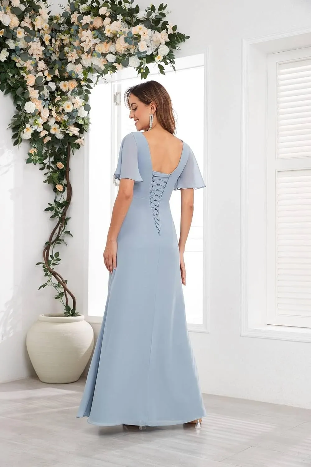 BONOYUER Modest Mother of The Bride Dresses with Sleeves for Wedding V Neck Pleated Chiffon Formal Evening Gown