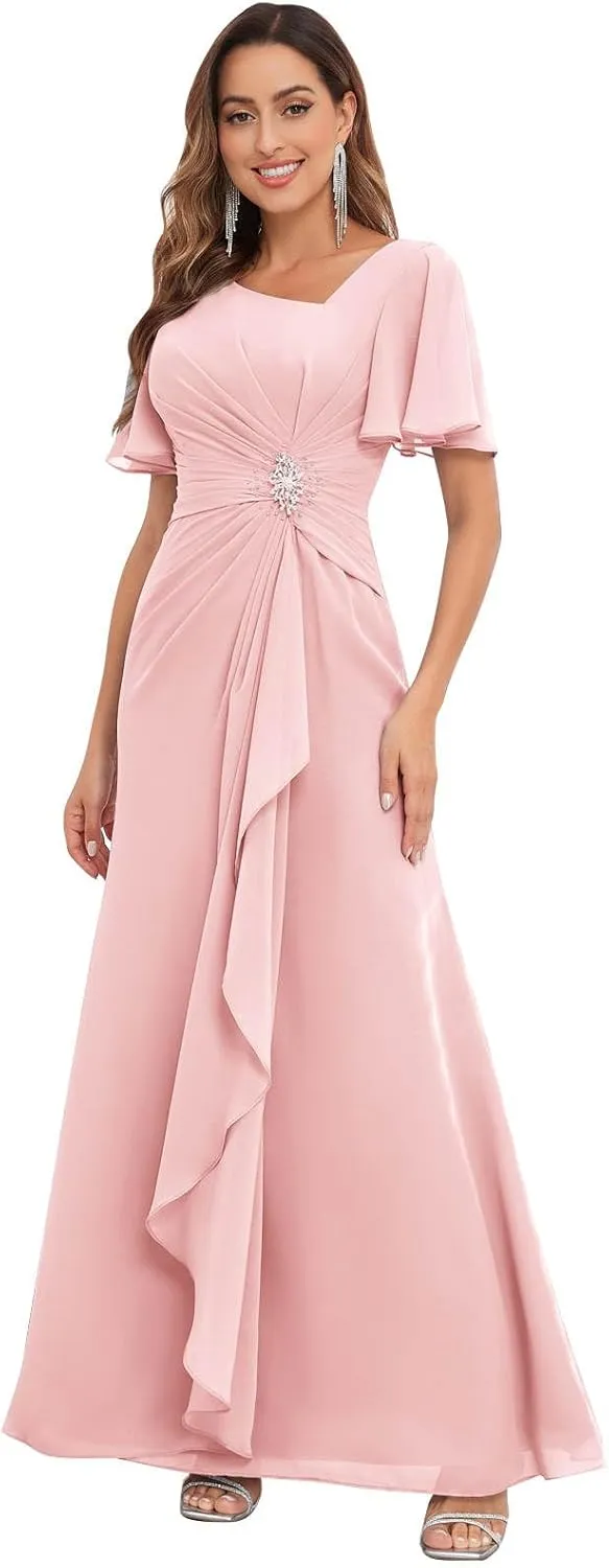 BONOYUER Modest Mother of The Bride Dresses with Sleeves for Wedding V Neck Pleated Chiffon Formal Evening Gown