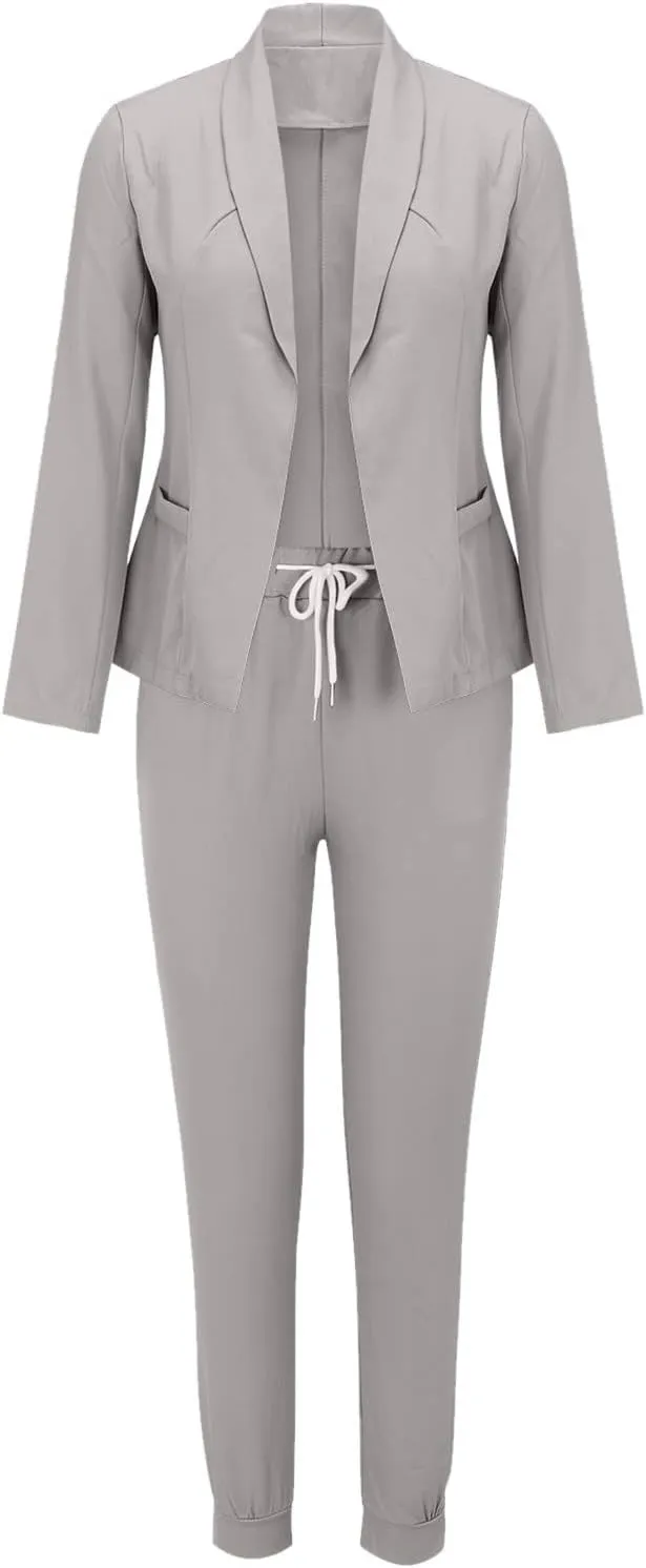 Business Casual Outfits for Women 2 Piece Sets Long Sleeve Open Front Blazer Drawstring Work Pants Office Suit Set