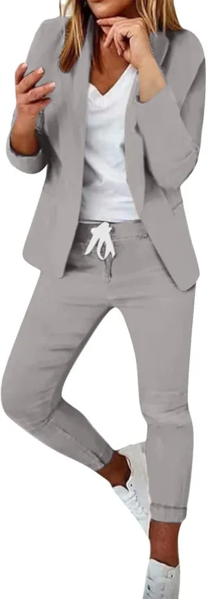 Business Casual Outfits for Women 2 Piece Sets Long Sleeve Open Front Blazer Drawstring Work Pants Office Suit Set