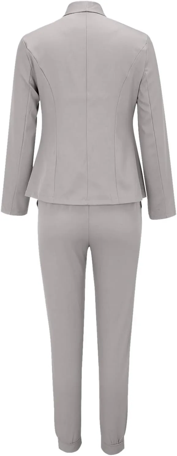 Business Casual Outfits for Women 2 Piece Sets Long Sleeve Open Front Blazer Drawstring Work Pants Office Suit Set
