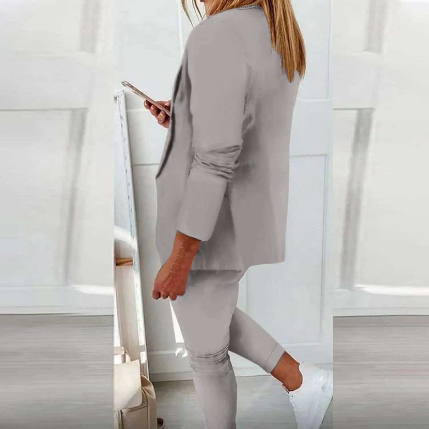 Business Casual Outfits for Women 2 Piece Sets Long Sleeve Open Front Blazer Drawstring Work Pants Office Suit Set