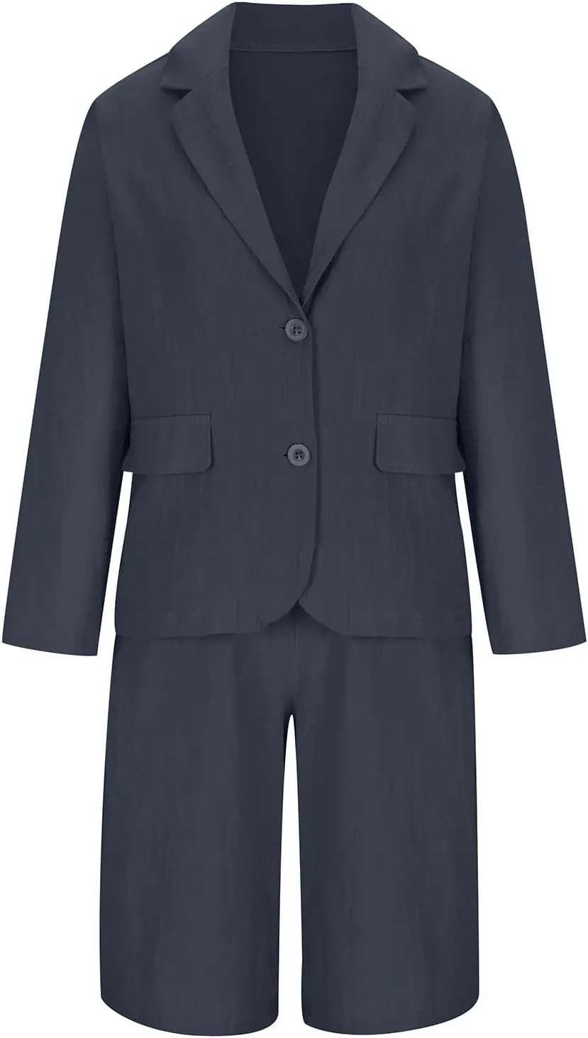 Business Casual Outfits for Women Plus Size 2 Piece Cotton Linen Blazer Sets Open Front Blazers & Suit Shorts