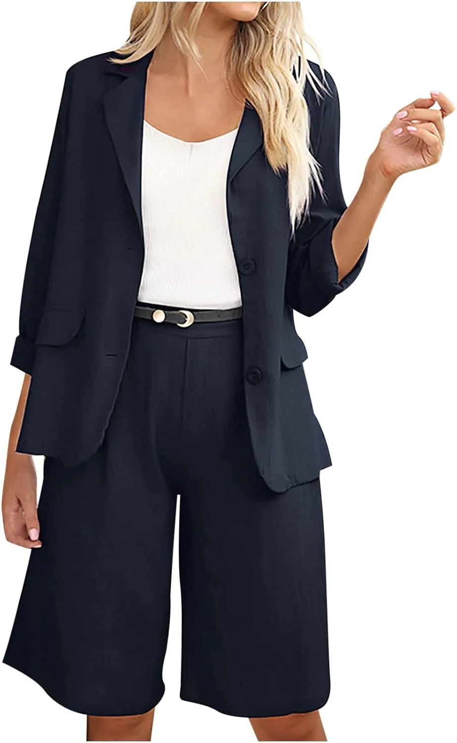 Business Casual Outfits for Women Plus Size 2 Piece Cotton Linen Blazer Sets Open Front Blazers & Suit Shorts