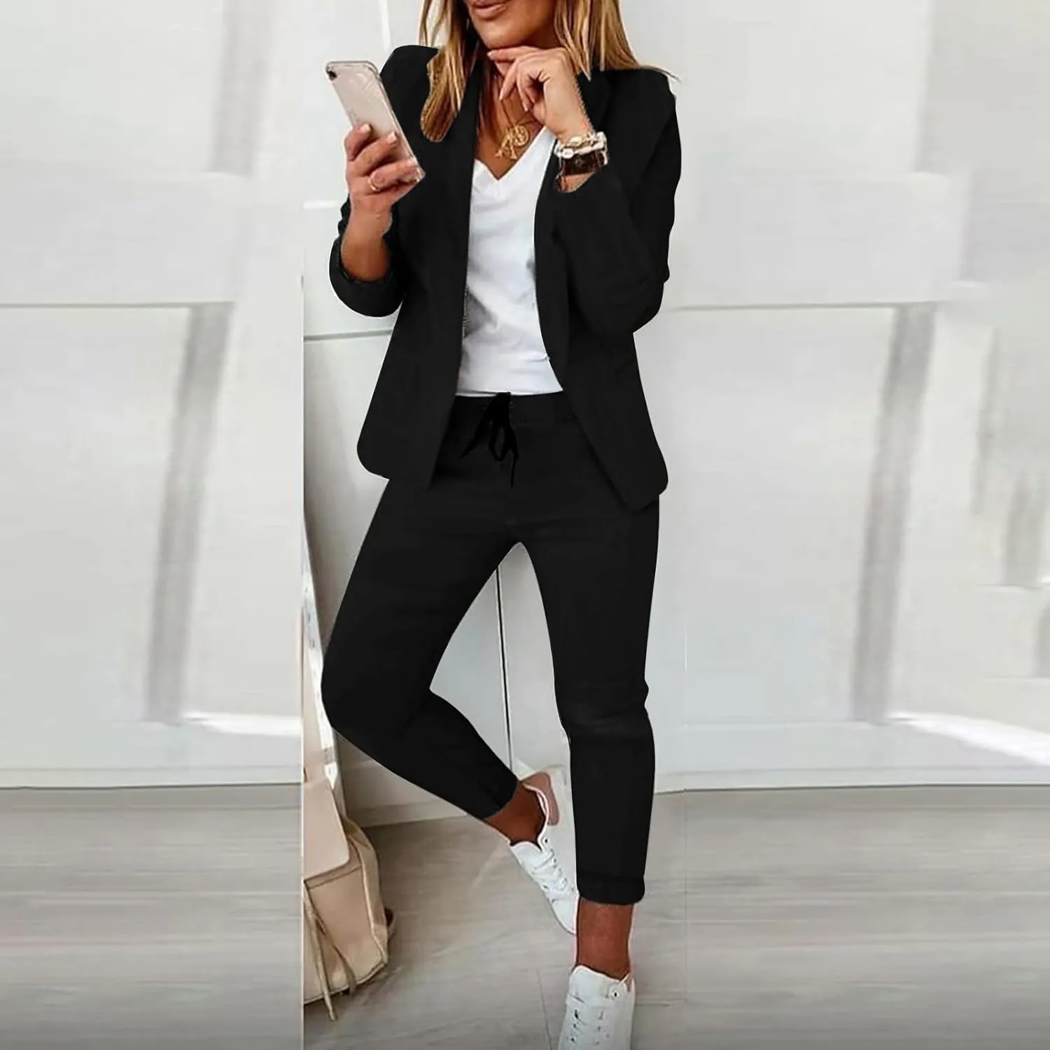 Business Outfits for Women Trendy Two Piece Suit Sets Plaid Open Front Long Sleeve Blazer Drawstring Office Pants