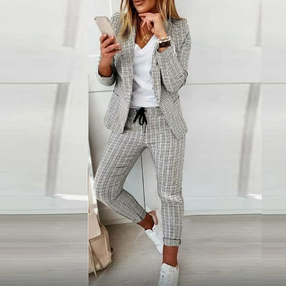 Business Outfits for Women Trendy Two Piece Suit Sets Plaid Open Front Long Sleeve Blazer Drawstring Office Pants