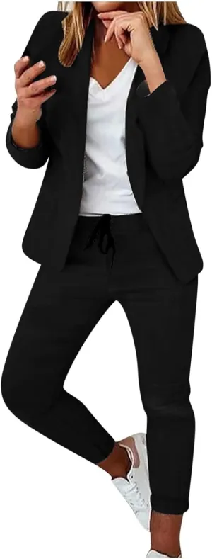 Business Outfits for Women Trendy Two Piece Suit Sets Plaid Open Front Long Sleeve Blazer Drawstring Office Pants