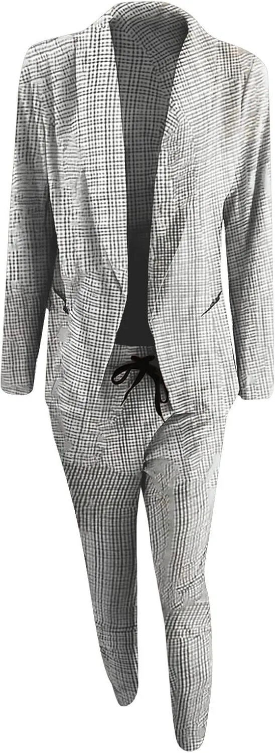 Business Outfits for Women Trendy Two Piece Suit Sets Plaid Open Front Long Sleeve Blazer Drawstring Office Pants