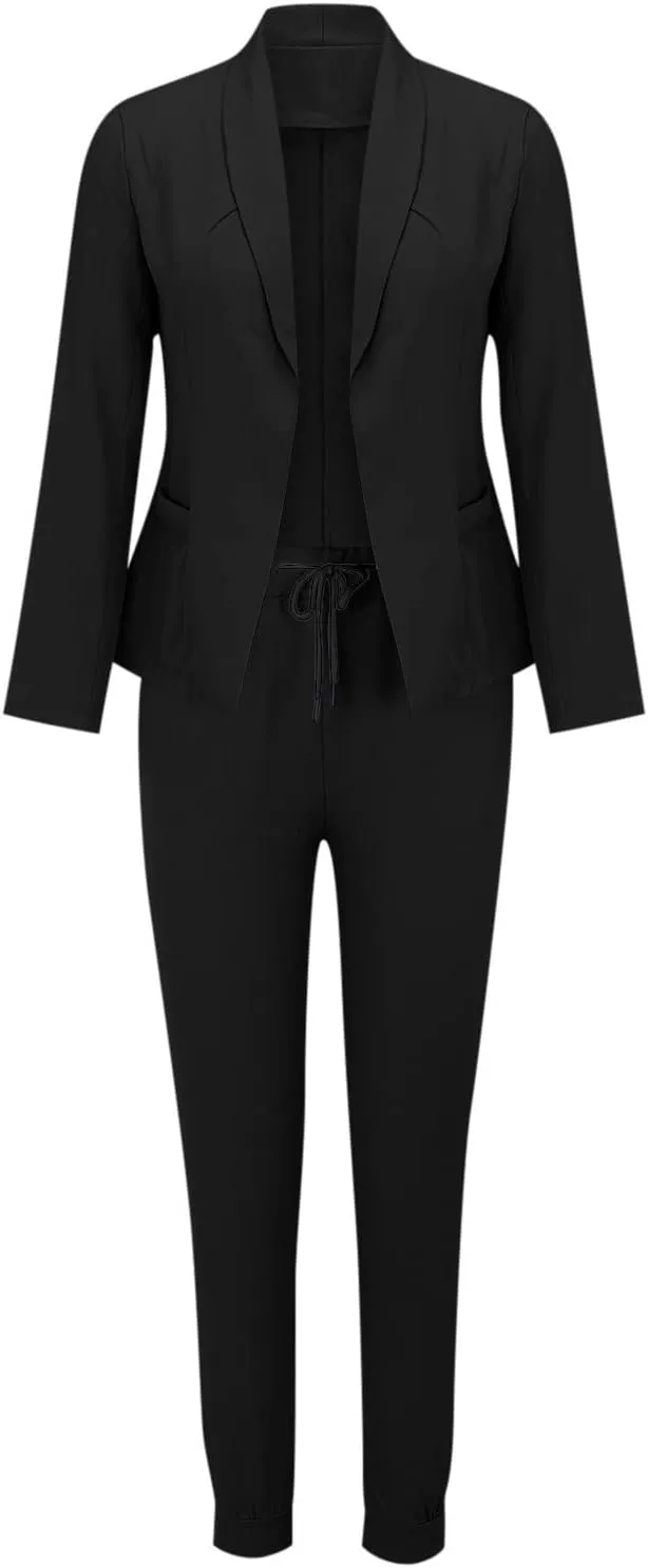 Business Outfits for Women Trendy Two Piece Suit Sets Plaid Open Front Long Sleeve Blazer Drawstring Office Pants