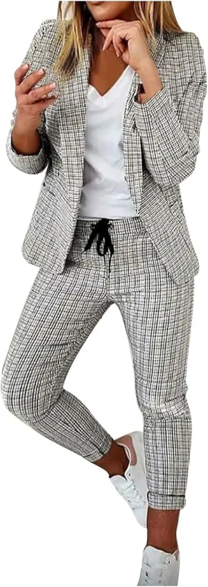 Business Outfits for Women Trendy Two Piece Suit Sets Plaid Open Front Long Sleeve Blazer Drawstring Office Pants