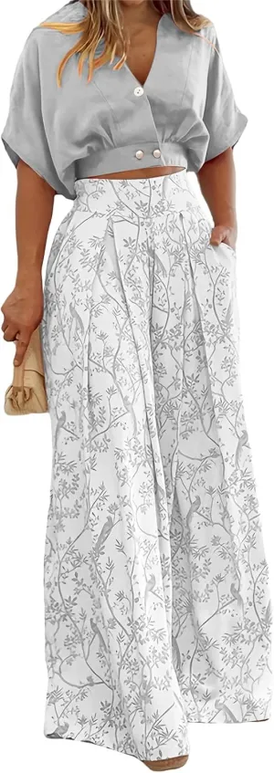 Canbebig 2 Piece Sets for Women Boho Lounge Set V Neck Short Sleeve Tank Crop Top Wide Leg Pants Sets Travel Vacation Outfits