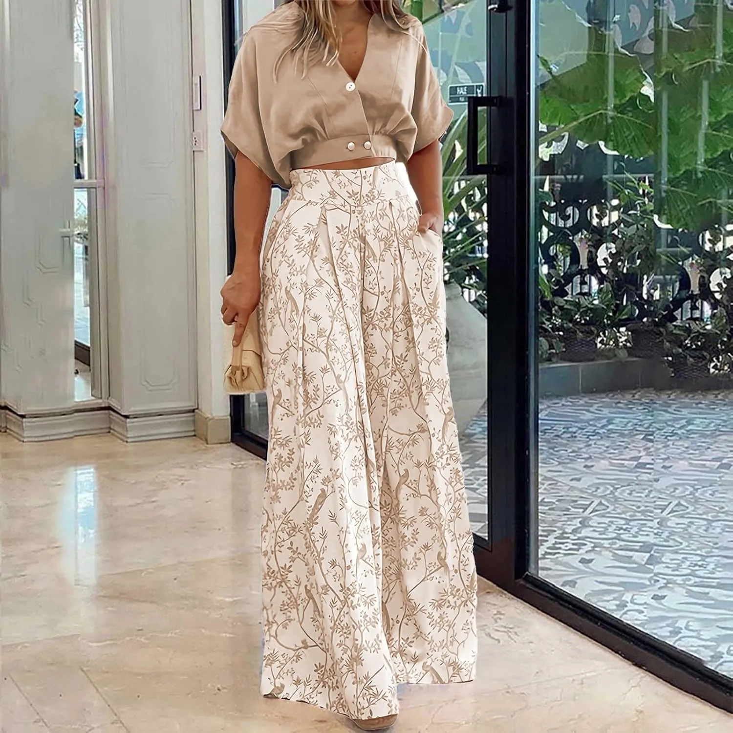 Canbebig Two Piece Summer Sets for Women Floral Outfits Short Sleeve Crop Tops and Wide Leg Boho Pants Sets Vacation Clothes