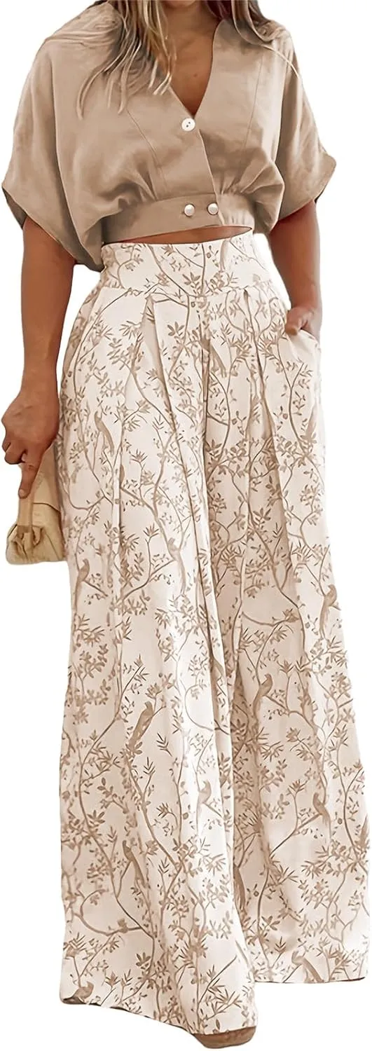 Canbebig Two Piece Summer Sets for Women Floral Outfits Short Sleeve Crop Tops and Wide Leg Boho Pants Sets Vacation Clothes