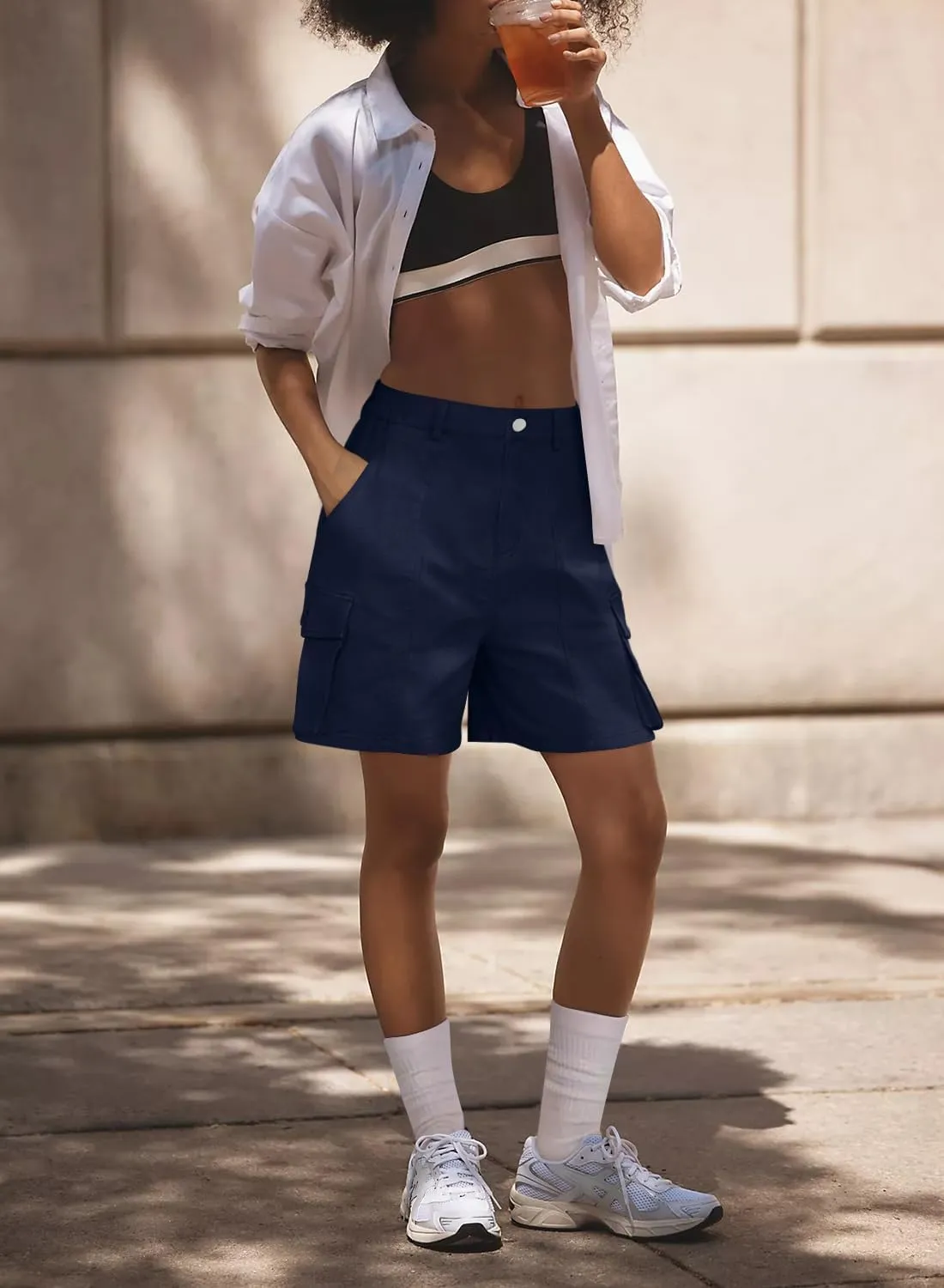 Cargo Shorts Women Bermuda Knee Length Long Hiking Shorts with Pockets Elastic Waist for Summer Casual Trendy Outfits