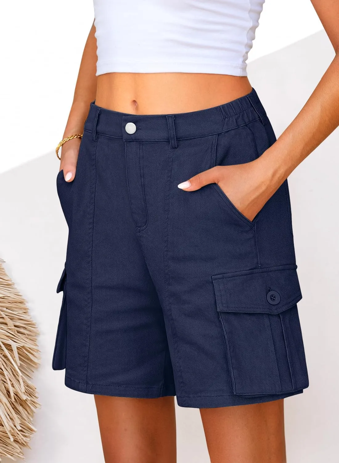 Cargo Shorts Women Bermuda Knee Length Long Hiking Shorts with Pockets Elastic Waist for Summer Casual Trendy Outfits