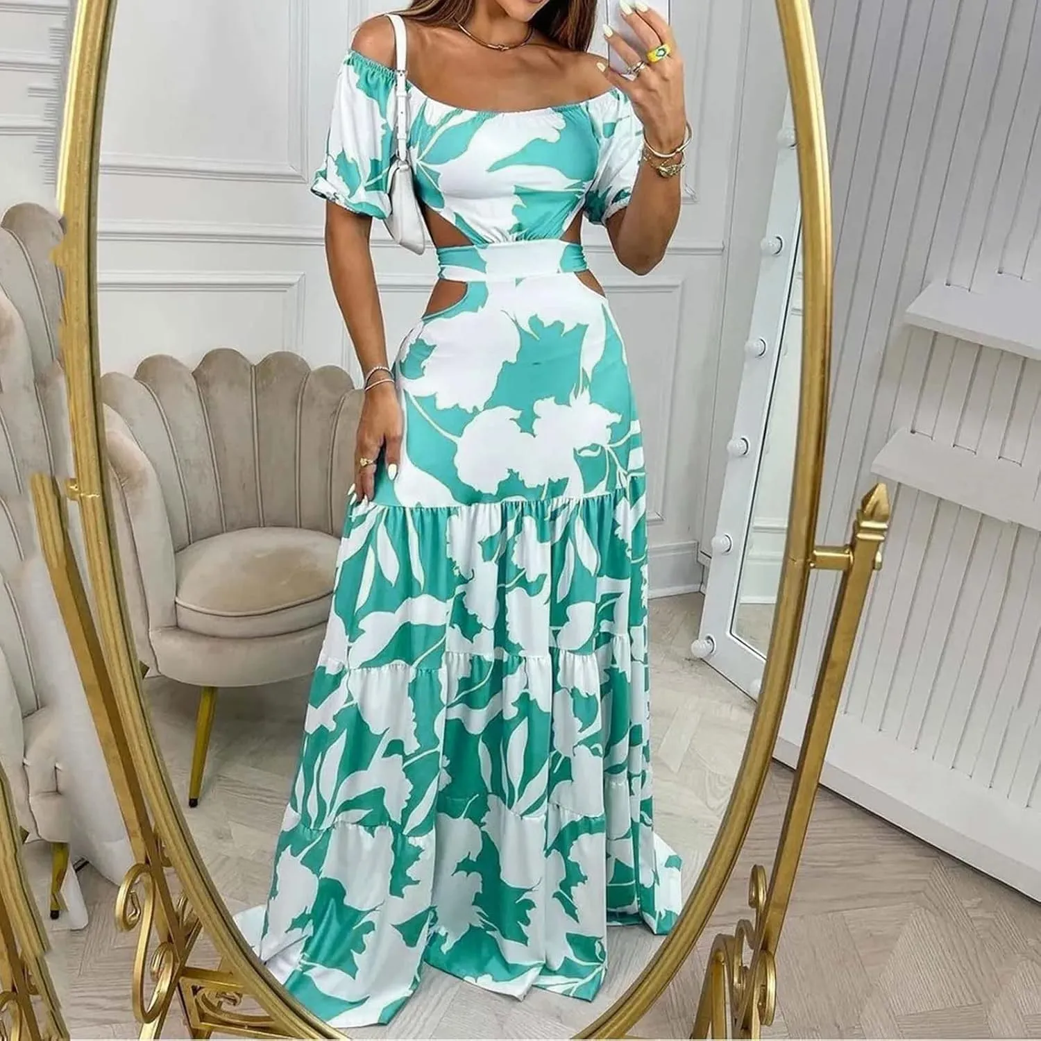 Casual Dresses for Women Off The Shoulder Boho Dress Summer Maxi Sundress Beach Hollow Out Tiered Sexy Flowy Dress