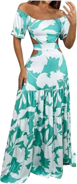 Casual Dresses for Women Off The Shoulder Boho Dress Summer Maxi Sundress Beach Hollow Out Tiered Sexy Flowy Dress