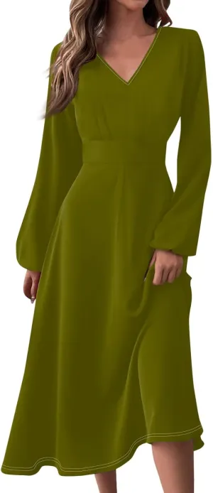 Casual Fall Wedding Guest Dresses for Women Long Sleeve Wrap V Neck Ruffle Belted A-Line Flowy Midi Dresses