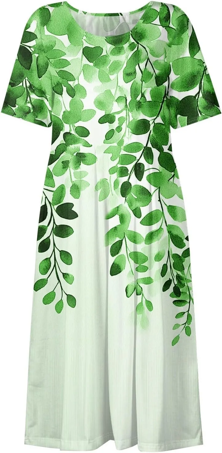 Casual Summer Spring Short Sleeve Floral Midi Dress for Women Trendy Smocked Flowy Formal Plus Size A Line Dress