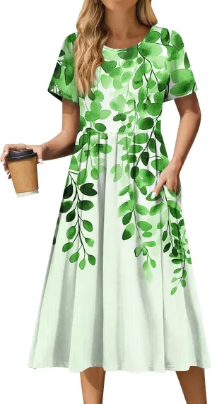 Casual Summer Spring Short Sleeve Floral Midi Dress for Women Trendy Smocked Flowy Formal Plus Size A Line Dress