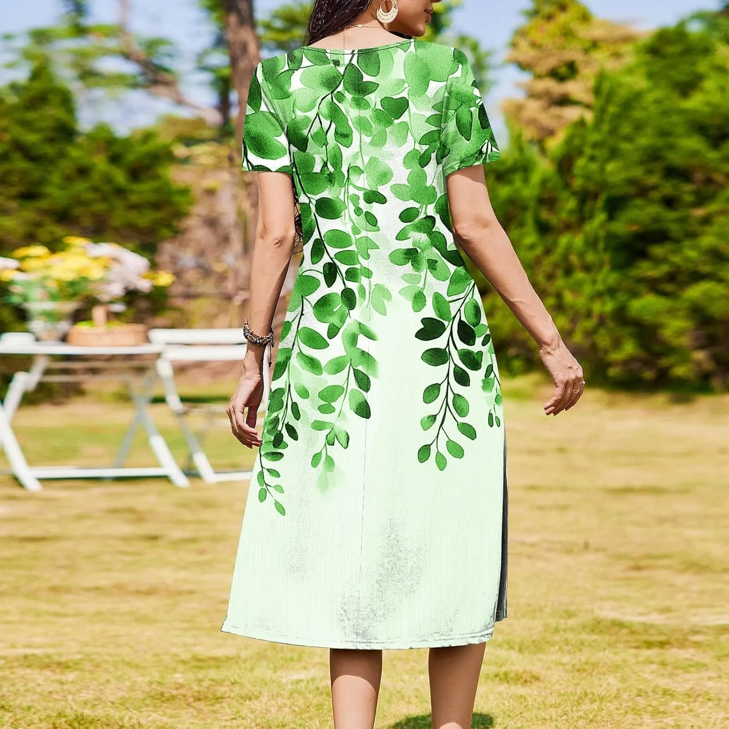 Casual Summer Spring Short Sleeve Floral Midi Dress for Women Trendy Smocked Flowy Formal Plus Size A Line Dress