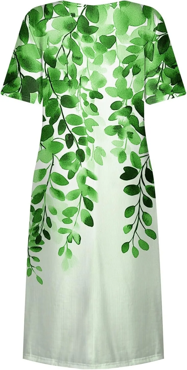 Casual Summer Spring Short Sleeve Floral Midi Dress for Women Trendy Smocked Flowy Formal Plus Size A Line Dress