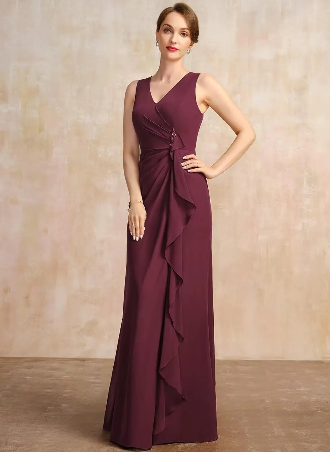 Chiffon 2 Piece Mother of The Bride Dresses 2025 Long with Coat Ruffle Pleats V Neck Wedding Guest Dress for Wedding