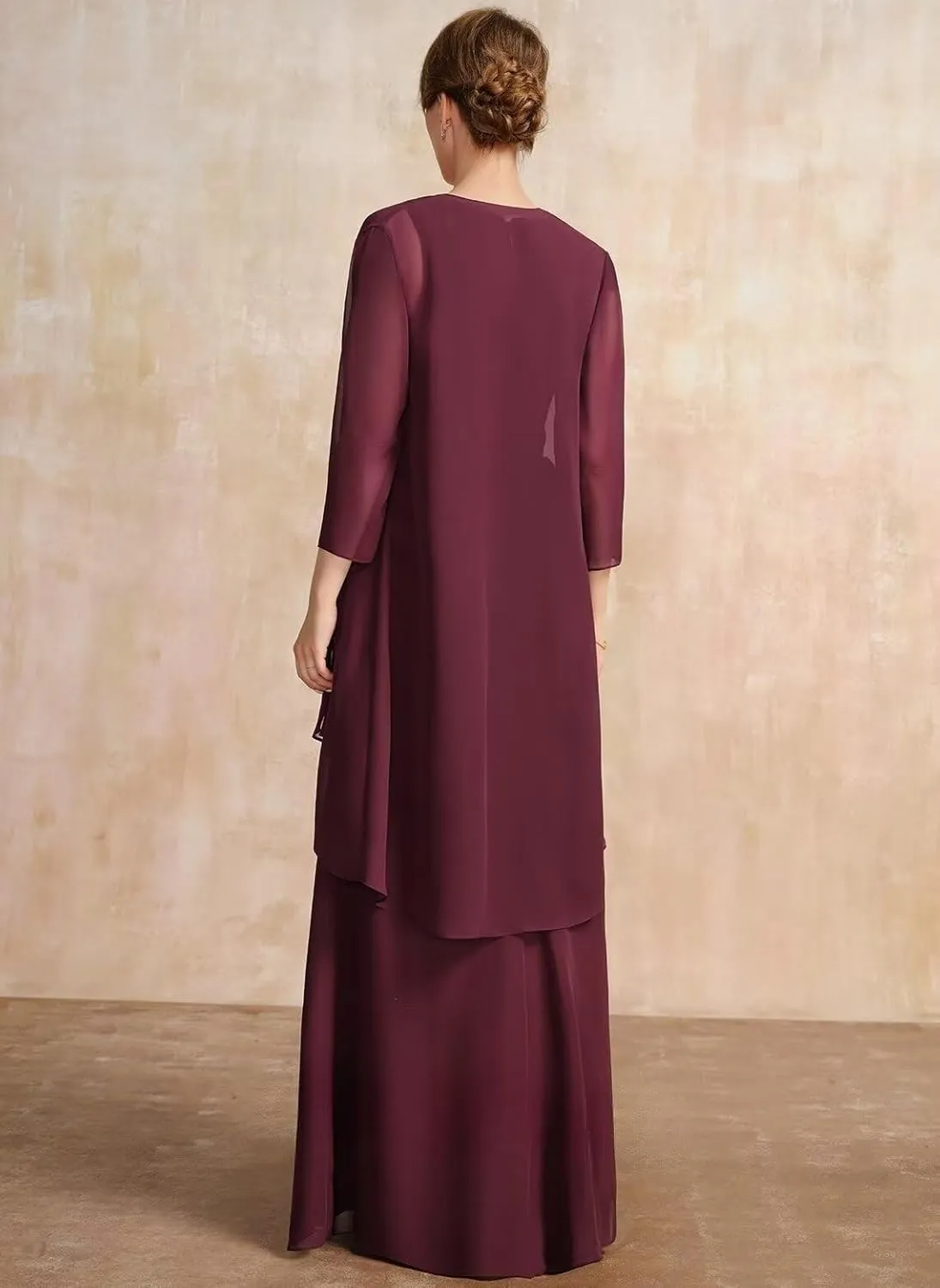 Chiffon 2 Piece Mother of The Bride Dresses 2025 Long with Coat Ruffle Pleats V Neck Wedding Guest Dress for Wedding