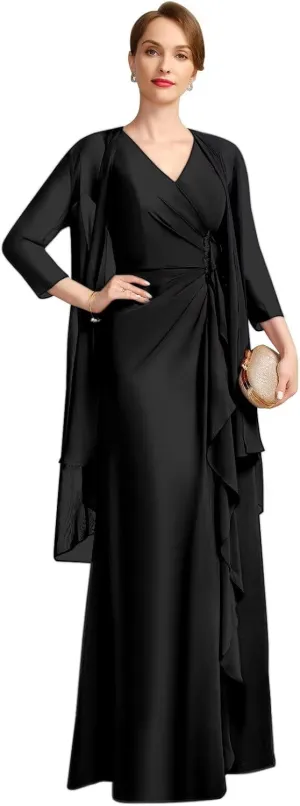 Chiffon 2 Piece Mother of The Bride Dresses 2025 Long with Coat Ruffle Pleats V Neck Wedding Guest Dress for Wedding
