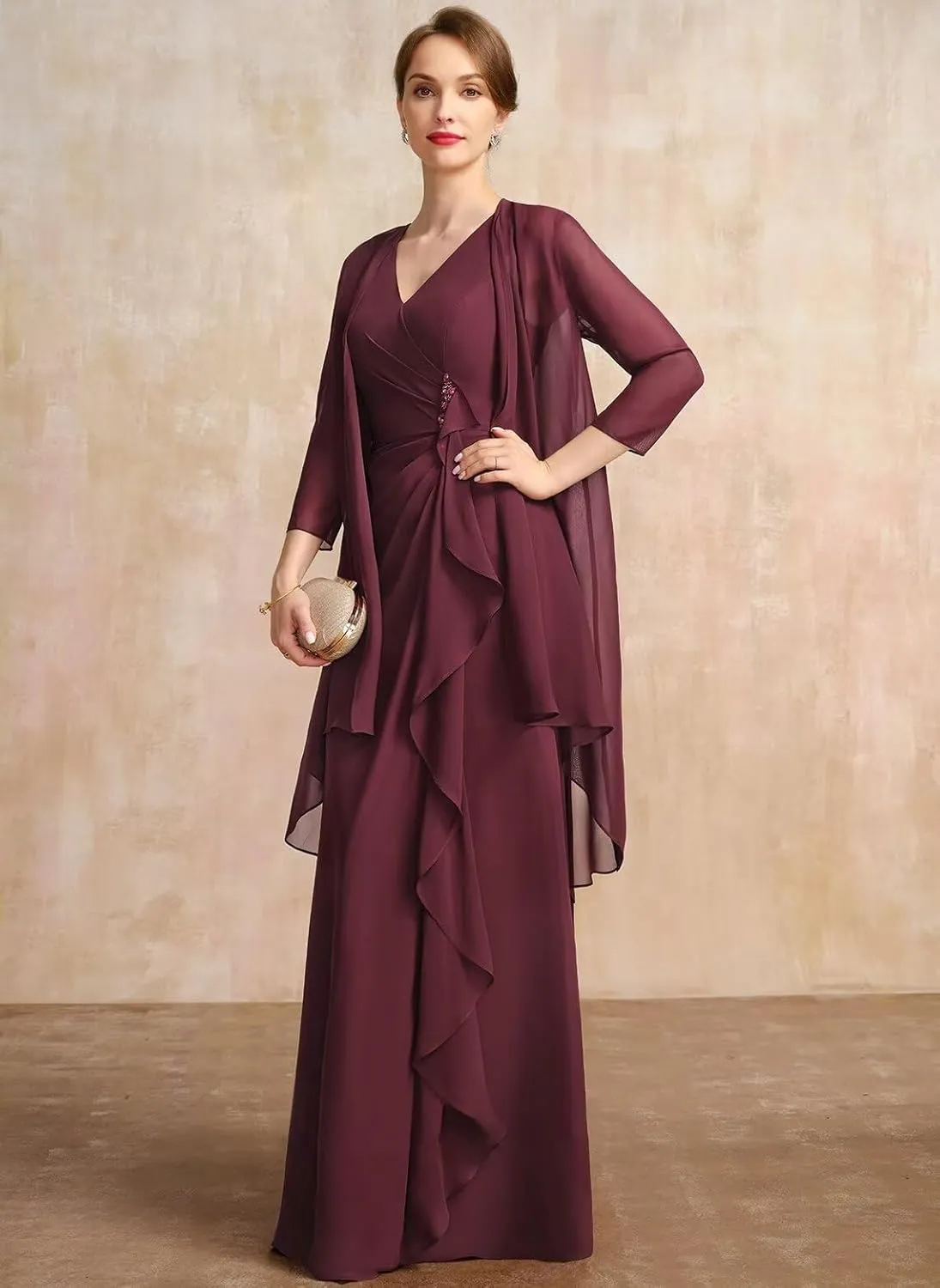 Chiffon 2 Piece Mother of The Bride Dresses 2025 Long with Coat Ruffle Pleats V Neck Wedding Guest Dress for Wedding