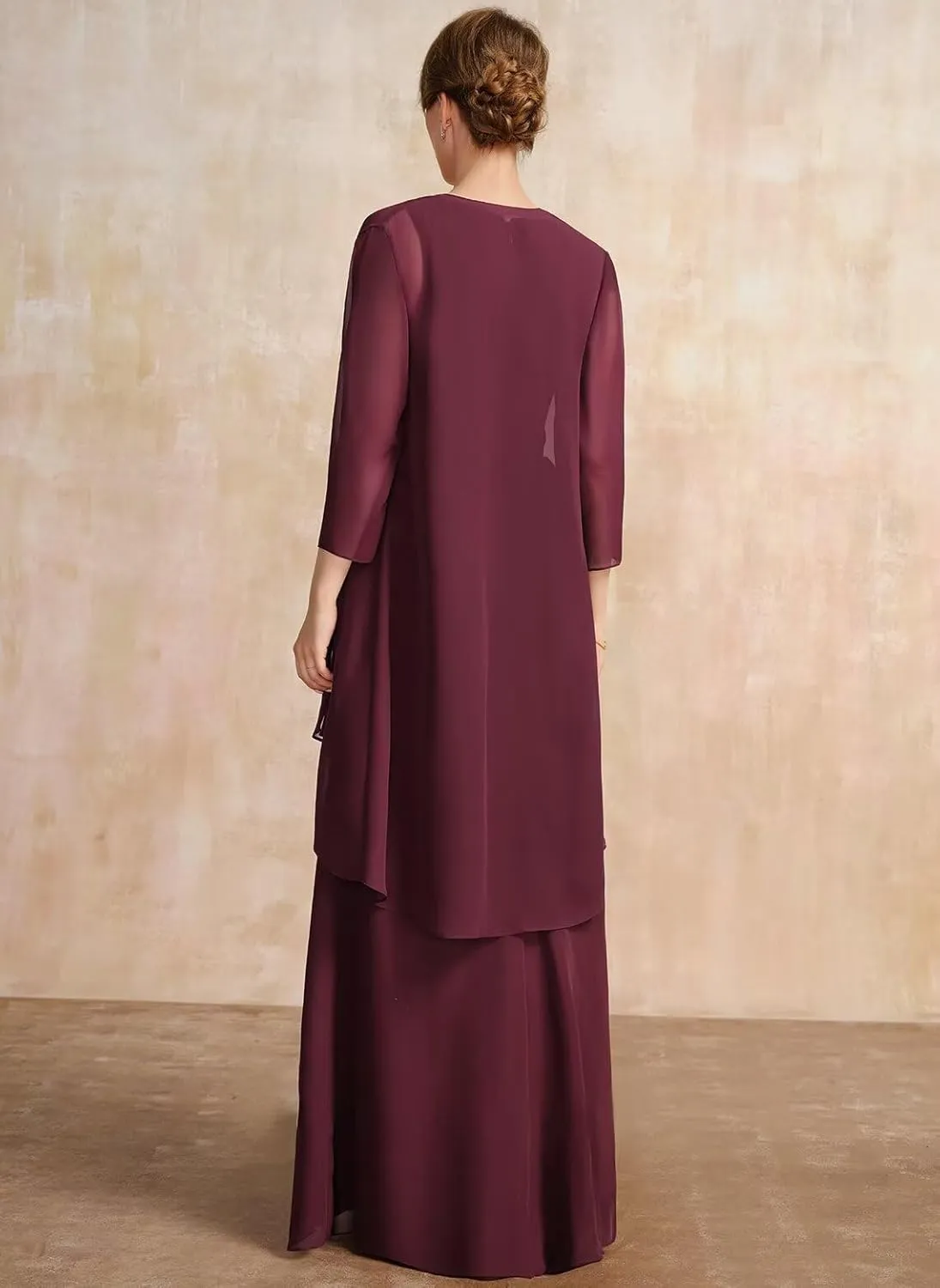 Chiffon 2 Piece Mother of The Bride Dresses 2025 Long with Coat Ruffle Pleats V Neck Wedding Guest Dress for Wedding