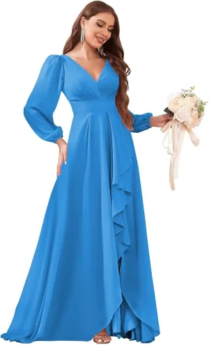 Chiffon Long Sleeve Bridesmaid Dresses for Women Long Ruffle V Neck Formal Evening Gown with Slit