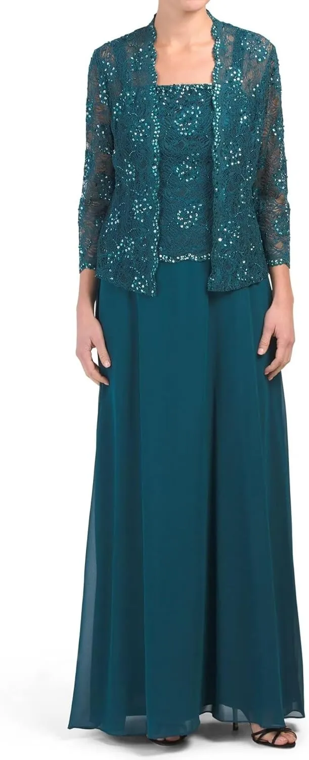 Chiffon Mother of The Bride Dresses with Jacket for Wedding 2 Piece Laces Sequin Formal Evening Dresses