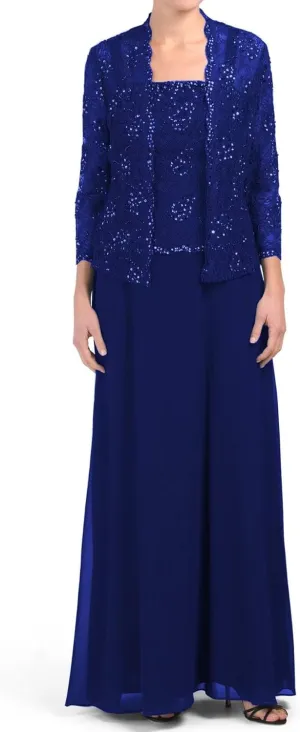 Chiffon Mother of The Bride Dresses with Jacket for Wedding 2 Piece Laces Sequin Formal Evening Dresses
