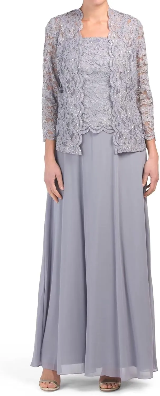 Chiffon Mother of The Bride Dresses with Jacket for Wedding 2 Piece Laces Sequin Formal Evening Dresses