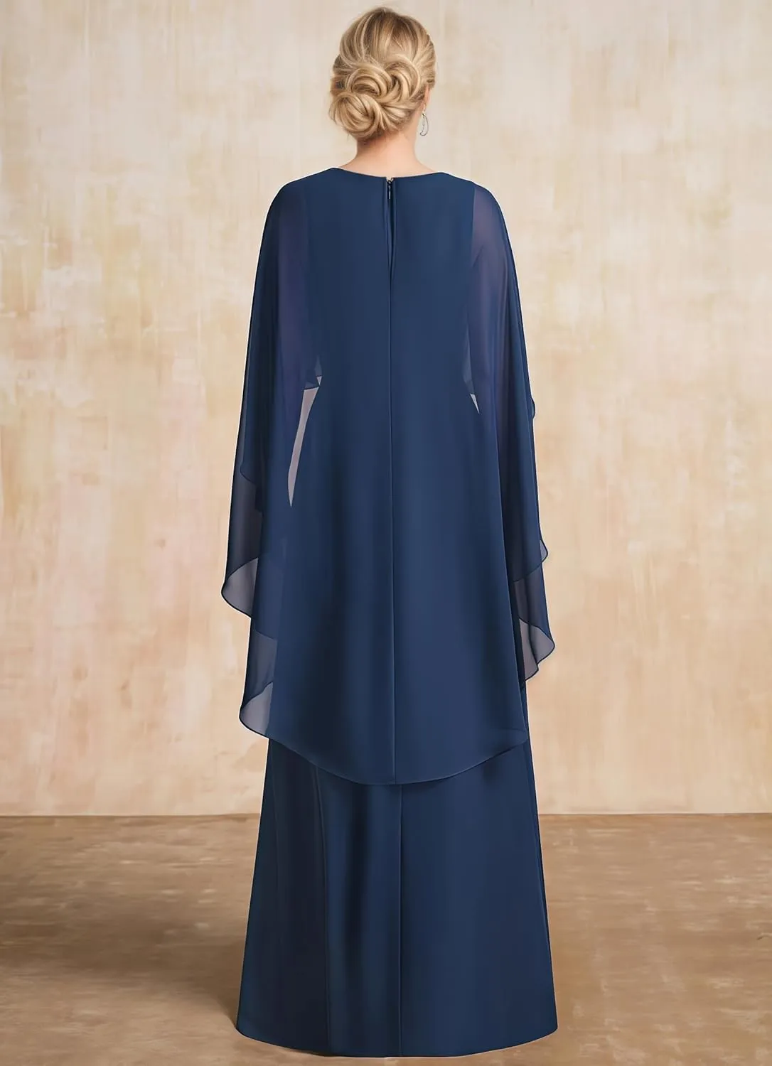 Chiffon Ruffles Mother of The Bride Dresses Long Cape Sleeve Appliques V-Neck Wedding Guest Dresses for Women UU173