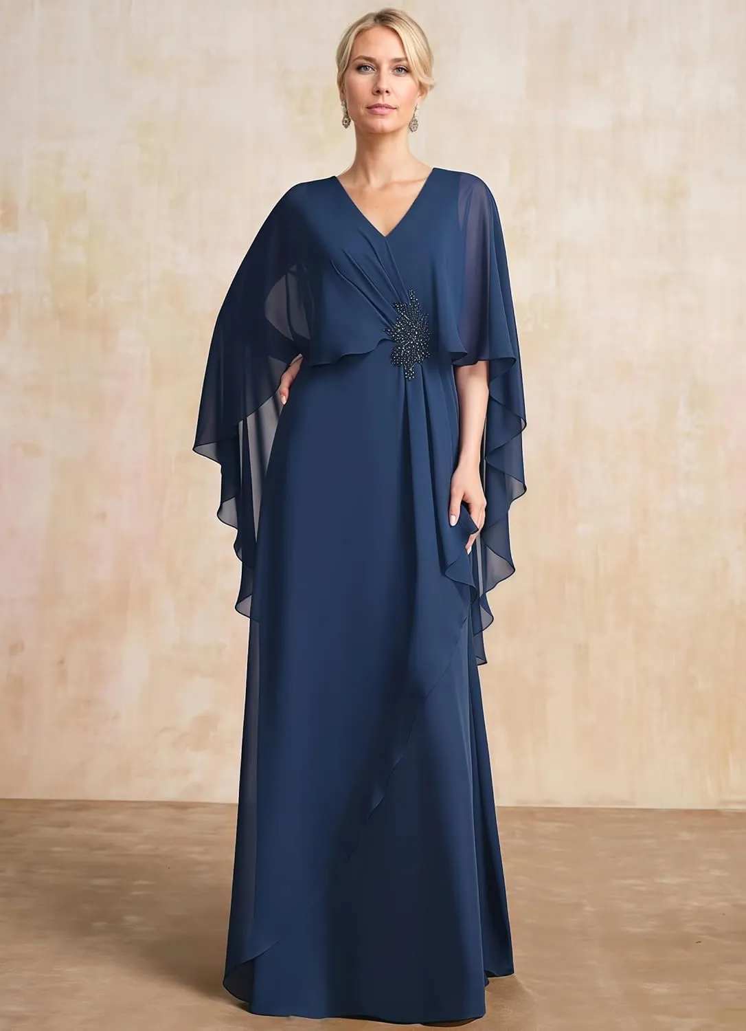 Chiffon Ruffles Mother of The Bride Dresses Long Cape Sleeve Appliques V-Neck Wedding Guest Dresses for Women UU173