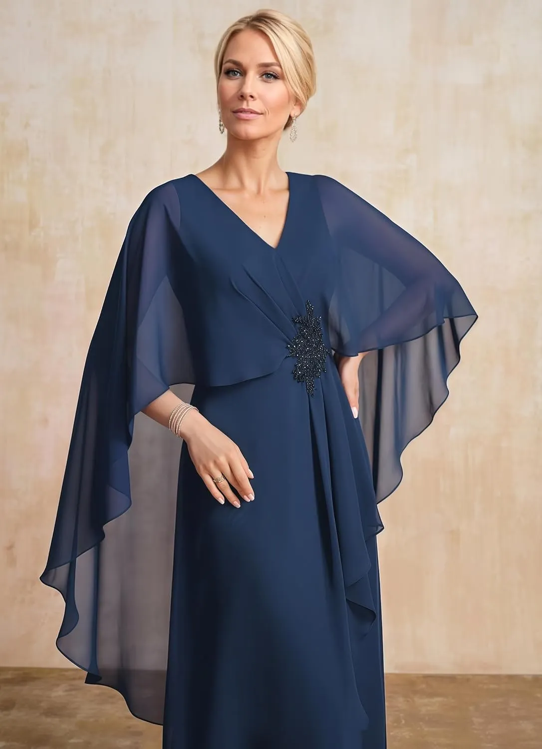 Chiffon Ruffles Mother of The Bride Dresses Long Cape Sleeve Appliques V-Neck Wedding Guest Dresses for Women UU173