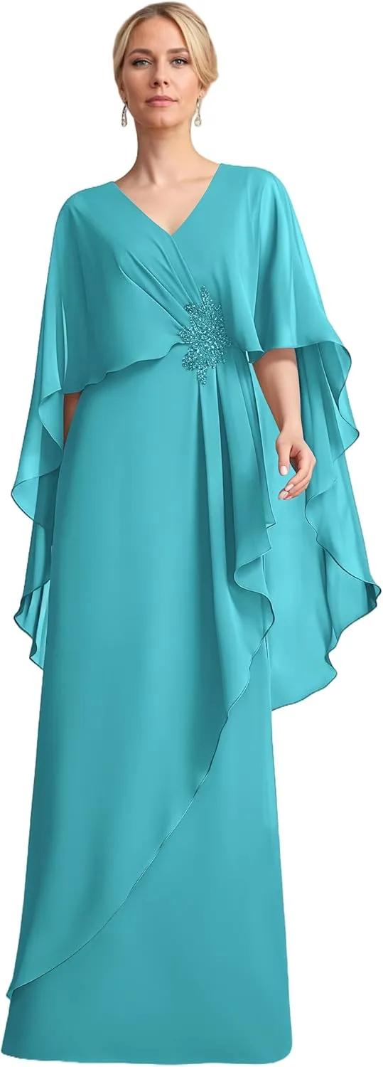 Chiffon Ruffles Mother of The Bride Dresses Long Cape Sleeve Appliques V-Neck Wedding Guest Dresses for Women UU173