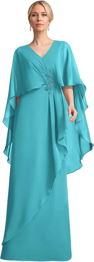Chiffon Ruffles Mother of The Bride Dresses Long Cape Sleeve Appliques V-Neck Wedding Guest Dresses for Women UU173