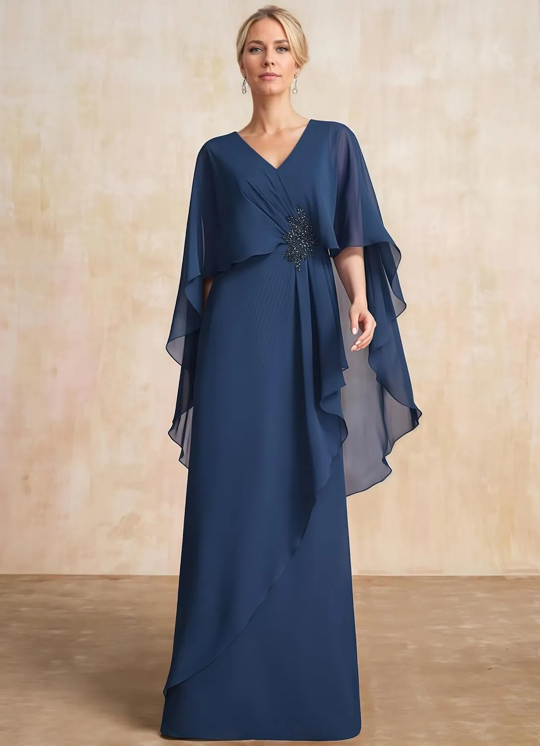 Chiffon Ruffles Mother of The Bride Dresses Long Cape Sleeve Appliques V-Neck Wedding Guest Dresses for Women UU173