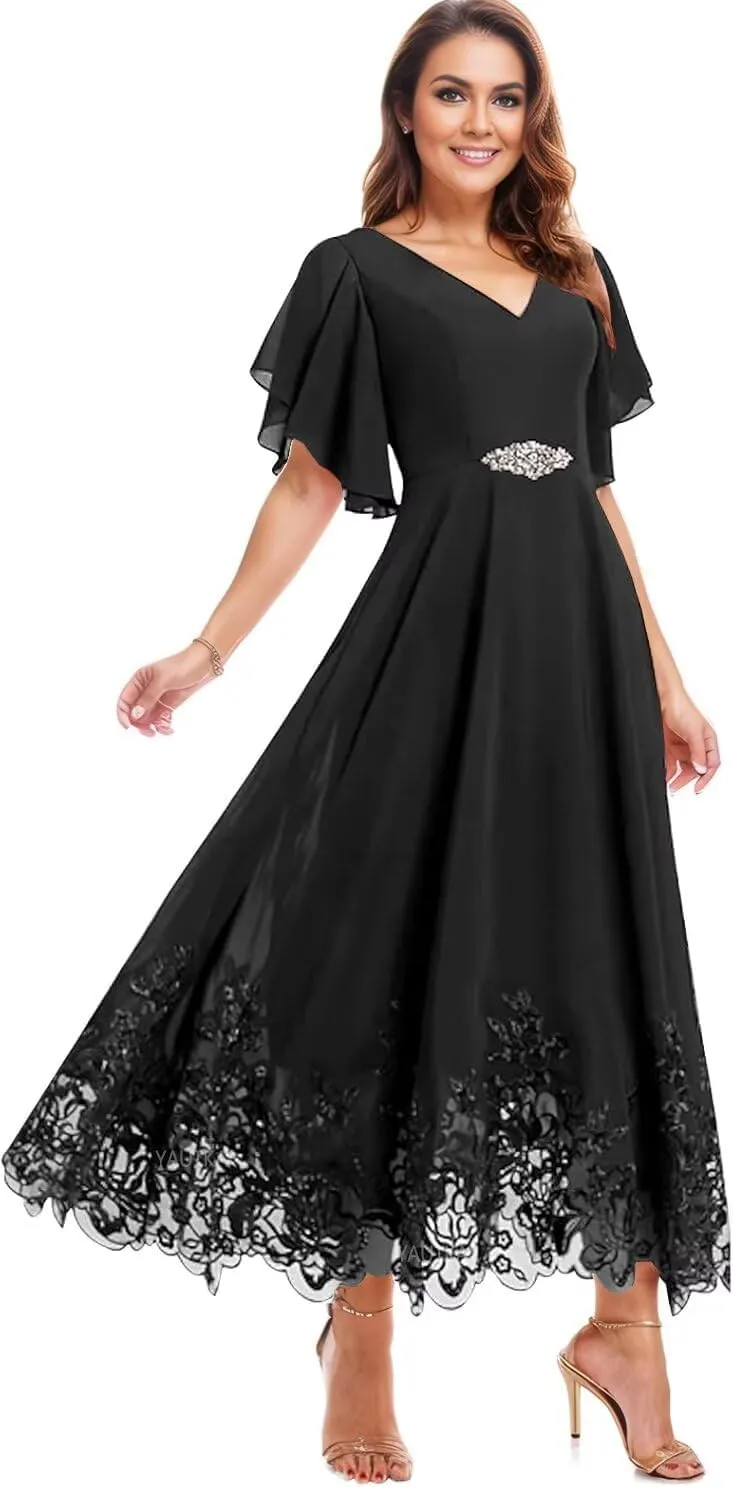 Chiffon Tea Length Mother of The Bride Dresses for Women Lace Formal Evening Dresses with Sleeves 2025