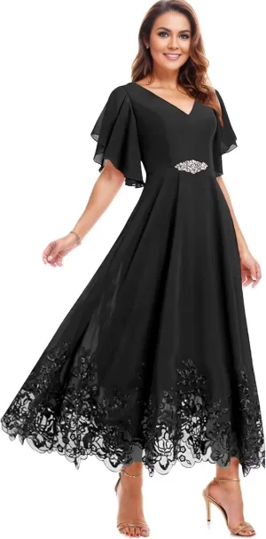 Chiffon Tea Length Mother of The Bride Dresses for Women Lace Formal Evening Dresses with Sleeves 2025