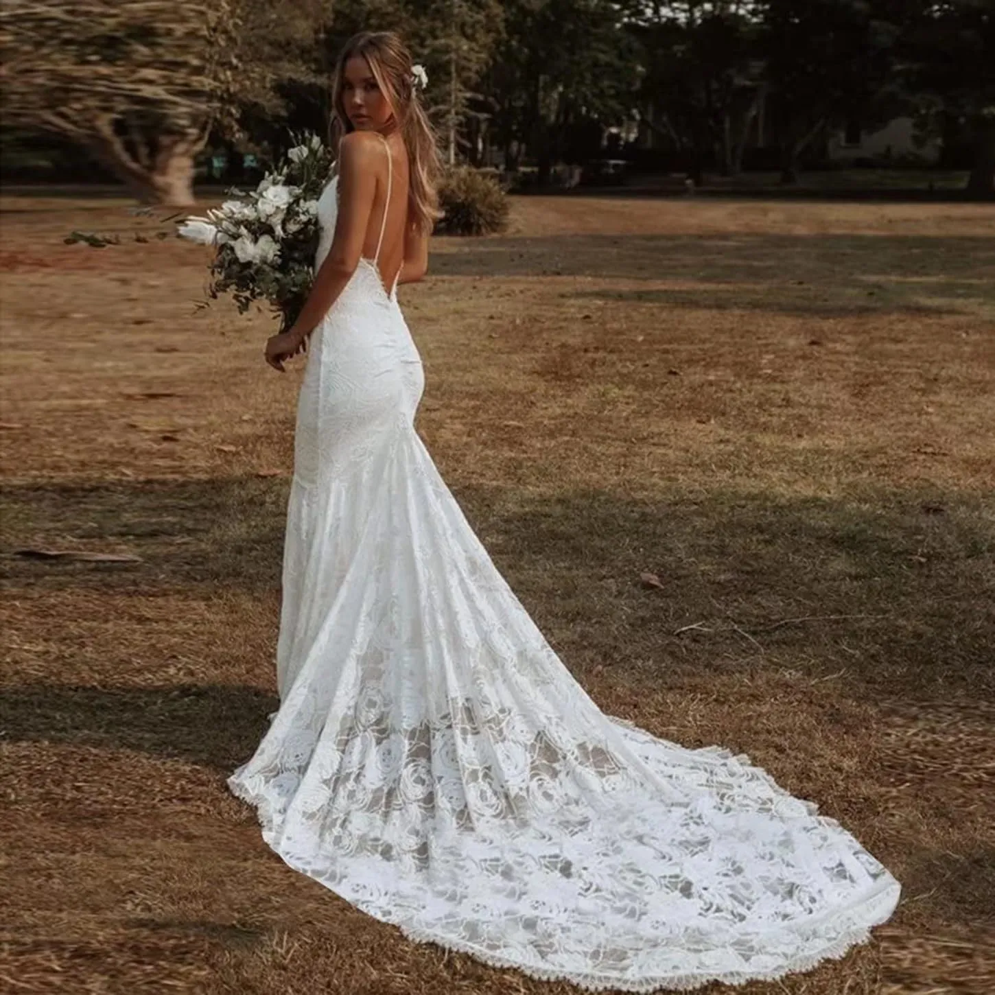 Clothfun Women's Lace Beach Wedding Dresses for Bride 2025 Long Boho Mermaid Bridal Gown CYCf023Style11