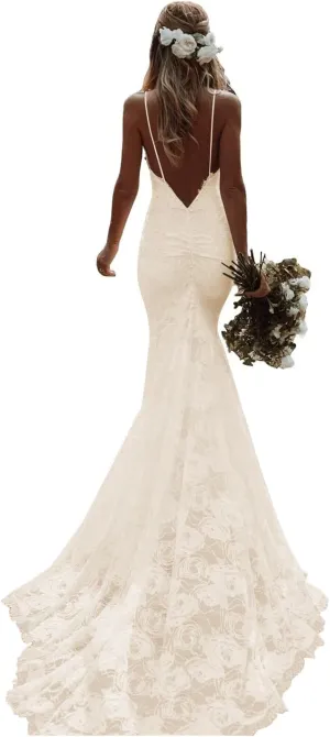 Clothfun Women's Lace Beach Wedding Dresses for Bride 2025 Long Boho Mermaid Bridal Gown CYCf023Style11